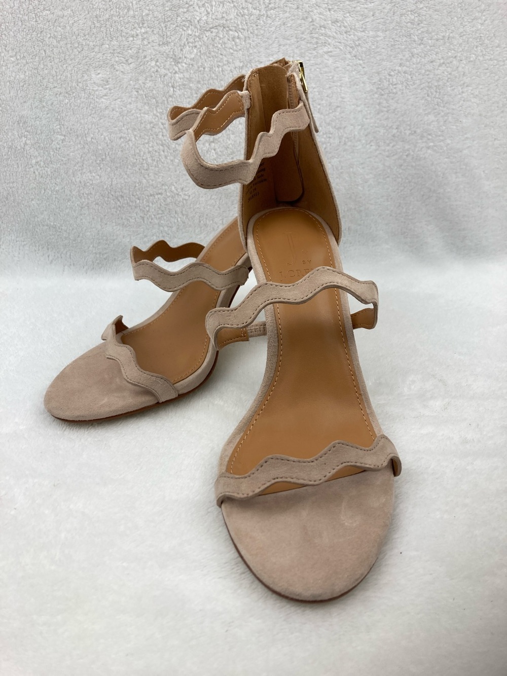 J.Crew Factory Three Strap Scallop Suede Heels sz 7 Dusty Ginger